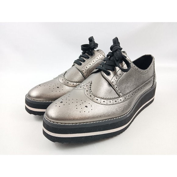 Silver Platform Wingtip Oxford Shoes Chunky Sole Metallic Size EU 40 - Picture 1 of 11